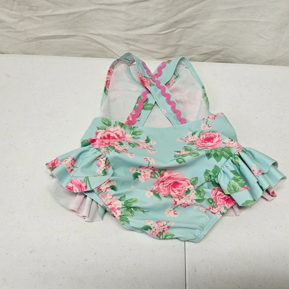 Mud‎ Pie Swimsuit Baby Girls 24M 2T Blue Floral Rose Pink Bow Ric Rac One Piece